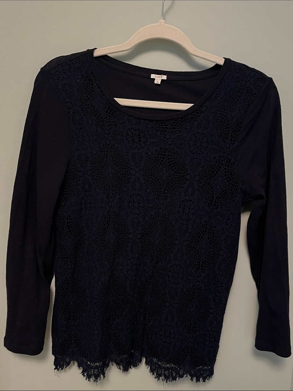 J. Crew L Lace PTP 19”Front Long Sleeve Top